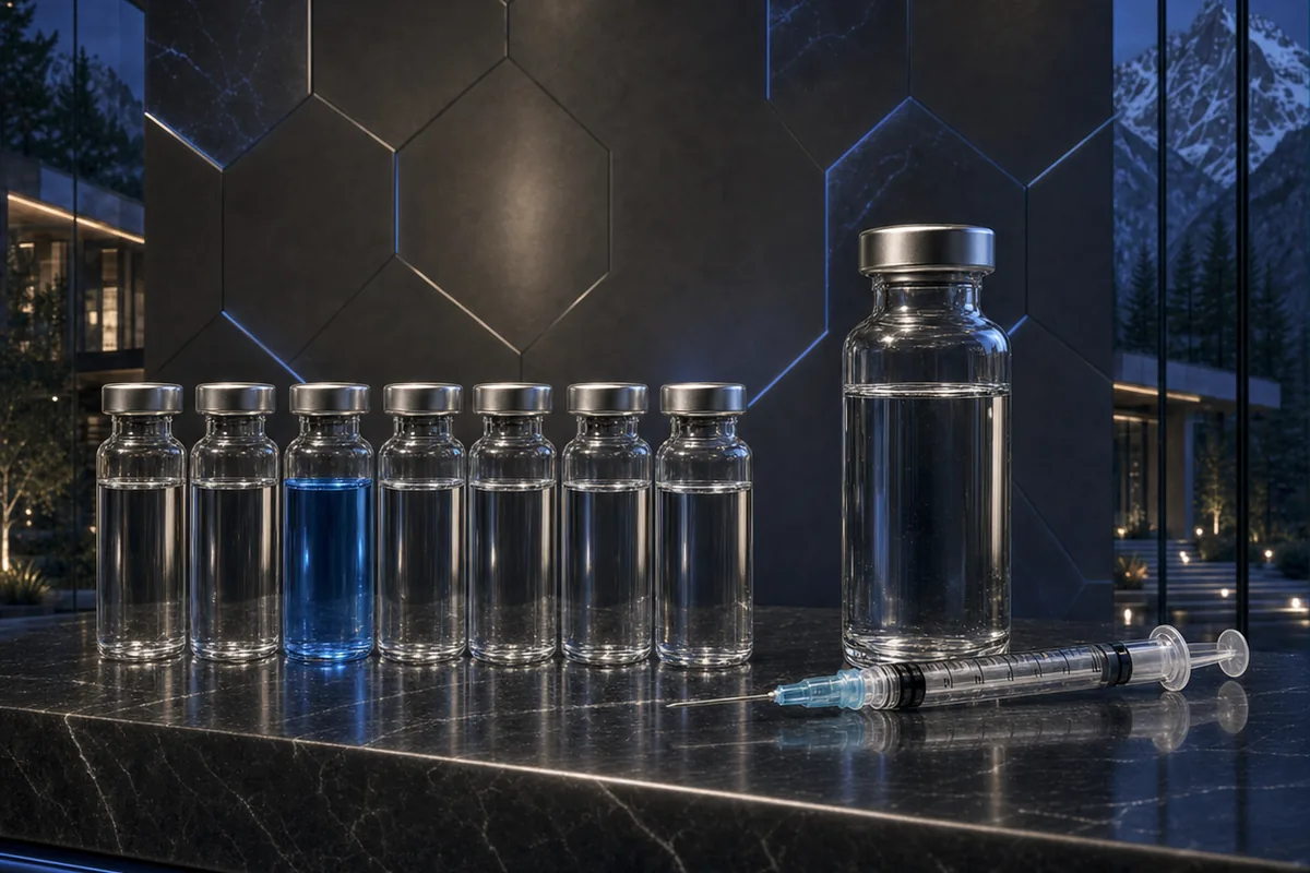 Peptide vials, bacteriostatic water and a syringe displayed on black marble in the NexGen villa
